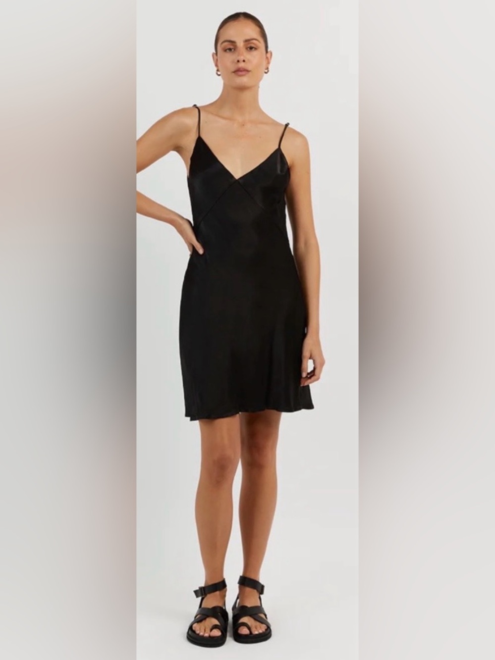 DISSH black satin slip dress lined mini minimalist cocktail size 4 v neck